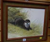 Oil on board of a crouching otter by NANCE