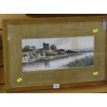 Framed watercolour riverside scene, signed E J MAYBERY