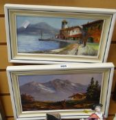 Two framed oils on board by R WITCHARD, a Mediterranean scene & an alpine mountain scene