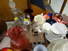 A tray of china & glass including cranberry glass jug etc