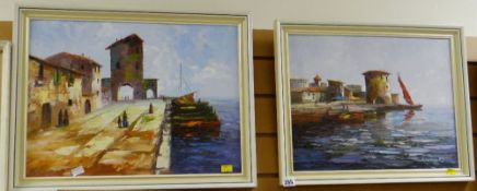 Two framed oils on board by R WITCHARD, Mediterranean port scenes