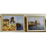 Two framed oils on board by R WITCHARD, Mediterranean port scenes