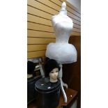 A modern display mannequin, tin hat box & dummy display head