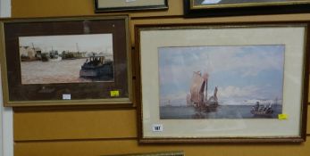 Framed watercolour of Barry dock by local artist together with a print of Dover