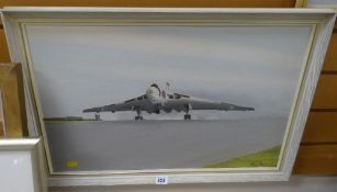 Oil on board by EMRYS JONES of the last Vulcan bomber to leave St Athan RAF base