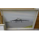 Oil on board by EMRYS JONES of the last Vulcan bomber to leave St Athan RAF base