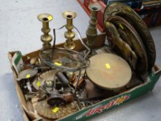 Crate of various metalware, brass candlesticks, brass doorstop etc