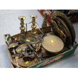 Crate of various metalware, brass candlesticks, brass doorstop etc