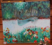 Oil on board of punts moored on riverbank, unsigned