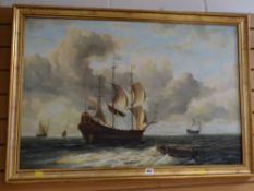 E PONTHIER oil on canvas - maritime scene, galleon at sea with other vessels, signed, 60 x 90cms