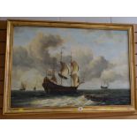 E PONTHIER oil on canvas - maritime scene, galleon at sea with other vessels, signed, 60 x 90cms