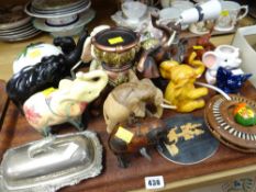 A tray of various elephant models, wooden & ceramic