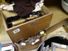 A wooden shoe polish box & contents, small daffodil decorated love spoon etc