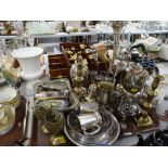 Tray of various metalware including EPNS spirit kettle, epergne, brass candlesticks etc