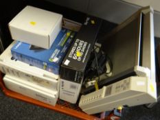 Crate of various electricals including Sky box, scanner etc