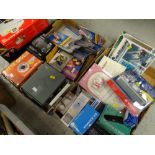 Four boxes of household gadgets etc including camera equipment, earphones etc