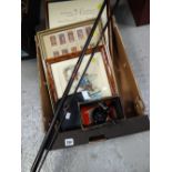 Crate of fishing related items including prints, flies, reel & rod