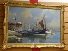 TOM LAARHOVEN oil on canvas - Dutch harbour scene, signed, 60 x 90cms