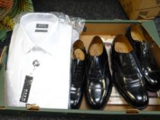 Two pairs of new unused Loake Oxford toe cap black brogues (size 6), men's white shirts etc