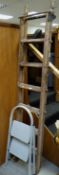 A set of vintage tall wooden step ladders by Crossley & a modern small metal two-step ladder