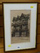 Monochrome etching entitled 'Feathers Hotel, Ludlow', signed E J MAYBERY