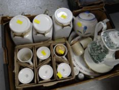 Crate of various china including storage jars, mugs, J Meakin coffee pot etc