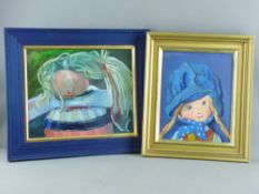 JOHN CHERRINGTON oils on board, two - appealing portrait of a little blue bonneted girl with