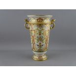 A NORITAKE PORCELAIN TWIN HANDLED VASE, 19.75 cms high