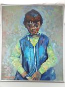 JOHN CHERRINGTON oil on board - colourful portrait of a young boy in a blue waistcoat, signed and