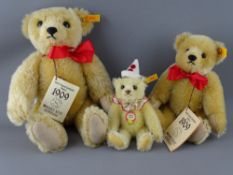 TWO STEIFF 1909 REPLICA TEDDY BEARS & A CLOWN BEAR, button in ear yellow tag nos. 406225, 406201 and