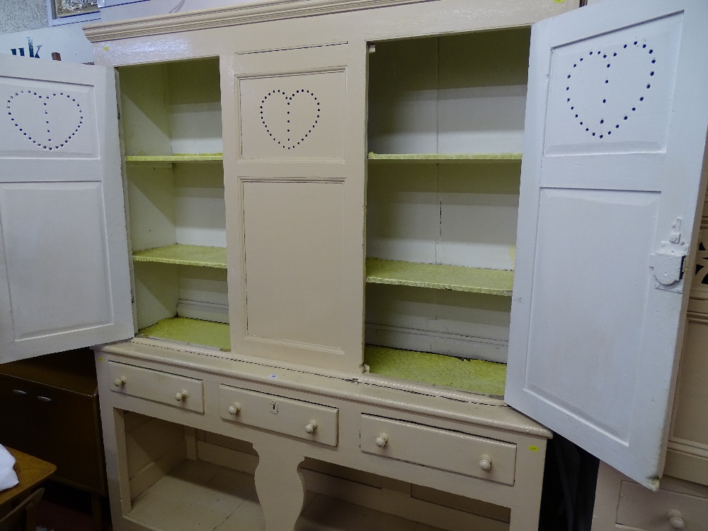 AN INTERESTING CREAM PAINTED PINE HOUSEKEEPER'S CUPBOARD, the upper section having two panelled - Image 2 of 3