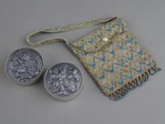 TWO CIRCULAR SILVER PILL BOXES and a French Art Deco beaded evening purse, the boxes hallmarked