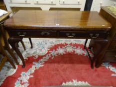 A REGENCY STYLE MAHOGANY TWO DRAWER HALL TABLE, 78 cms high, 121 cms wide, 54 cms deep