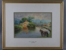 J M SANDERS watercolour - study of people and animals on a canal path, titled 'Vale of Llangollen,