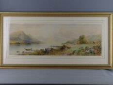 T SEYMOUR watercolour - Highland lake scene with yachts and fishermen with boat on the shore,