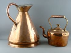 A LARGE CONICAL COPPER MEASURE with 'G R' proof stamp and a Victorian copper kettle