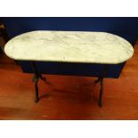 A VICTORIAN MARBLE TOP CONSERVATORY/HOT HOUSE TABLE, the rectangular veined top with curved ends, on
