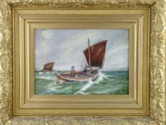 BRITISH SCHOOL oil on canvas - seascape, two figures in a fishing smack in rough seas, 24 x 34.5