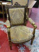 A GILT DECORATED FRENCH STYLE SALON ARMCHAIR, 98.5 cms high, 59 cms wide, 47 cms seat depth