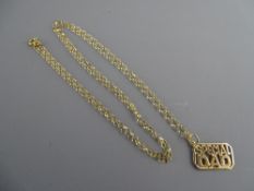 A FINE LINK NINE CARAT GOLD NECK CHAIN with pendant 'Special Dad', 1.3 grms