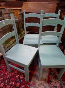 A SET OF FOUR DUCK EGG BLUE PAINTED FARMHOUSE CHAIRS, 99 cms high, 40 cms wide