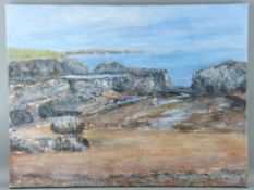MAVIS GWILLIAM acrylic on canvas - Anglesey coastal scene, Trearddur Bay with distant yachts,