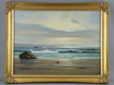 PETER COSSLETT oil on board - fine coastal scene with rocks and emerging sun from clouds, signed,