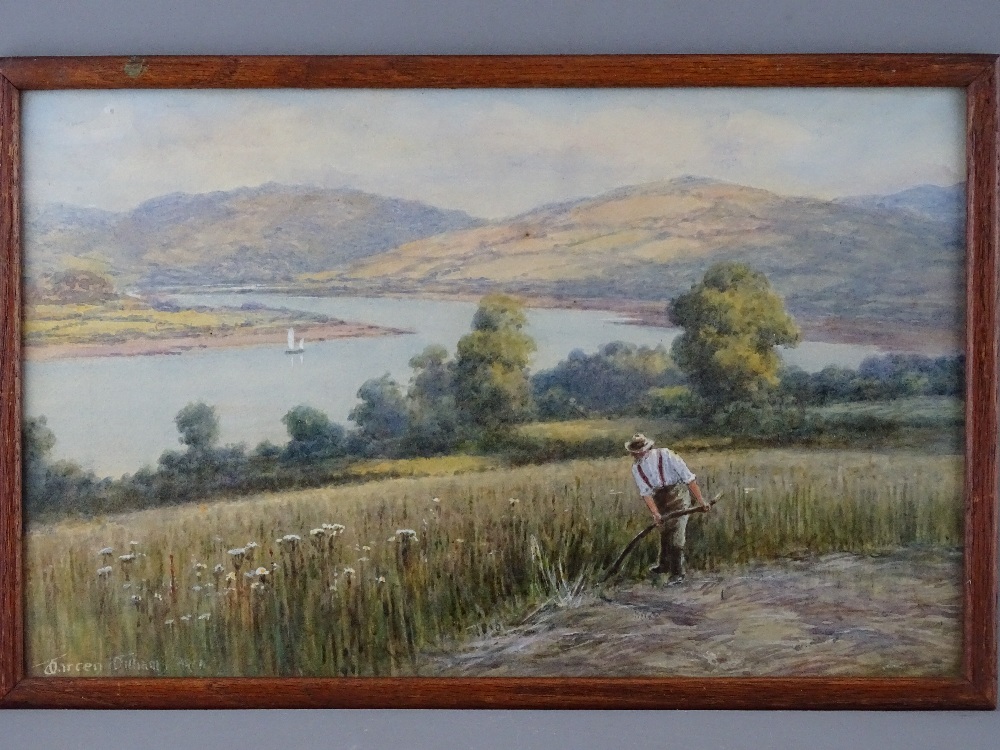 WARREN WILLIAMS ARCA watercolours, a pair - farmers harvesting at bends in the River Conwy, near - Image 4 of 5