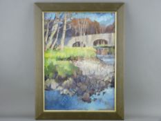 IFOR PRITCHARD (renowned Welsh slate quarry artist) oil on board - bridge scene and birch trees,