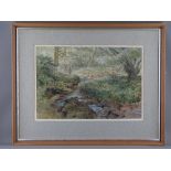 ARTHUR MILES watercolour - woodland stream with figure on a bank, signed and dated 1976, 31 x 46