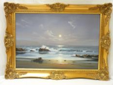 PETER COSSLETT oil on canvas - fine moonlit rocky coastal scene, signed in full, 50 x 75 cms