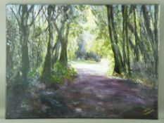MAVIS GWILLIAM acrylic on canvas - early morning woodland glade with figure on a track, signed, 45 x