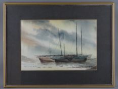JOHN HUGHES ROBERTS watercolour - three beached yachts, signed in full and titled 'Caernarfon