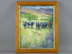 IFOR PRITCHARD (renowned Welsh slate quarry artist) oil on board - group of Welsh Black Cattle in